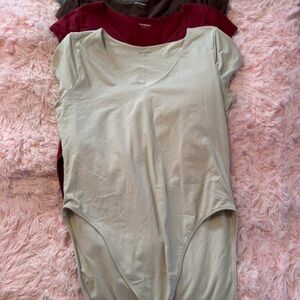 FOUR Old Navy Women's Bodysuits in Cream, Red, Brown, and Grey